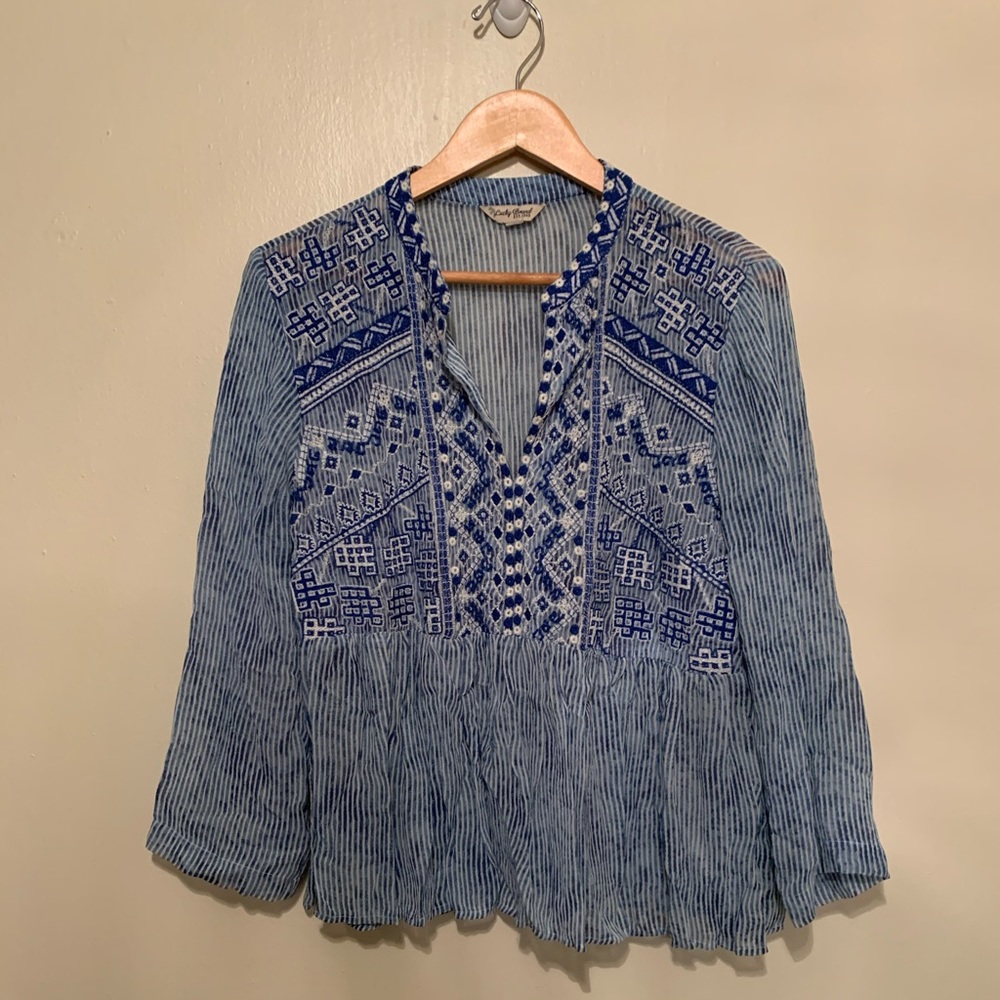 LUCKY BRAND Embroidered Blue Peasant Top